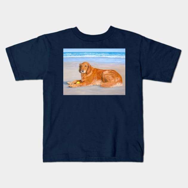 Golden Retriever at Beach Kids T-Shirt by KarenZukArt